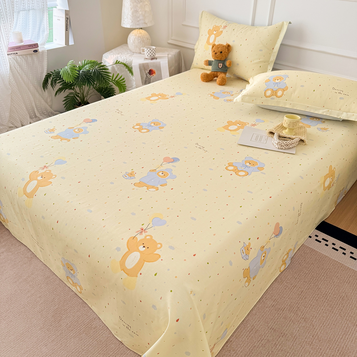 91家纺网 家纺一手货源 找家纺 壹贝家纺 2026新款全棉喷气印花床单系列 软萌小熊