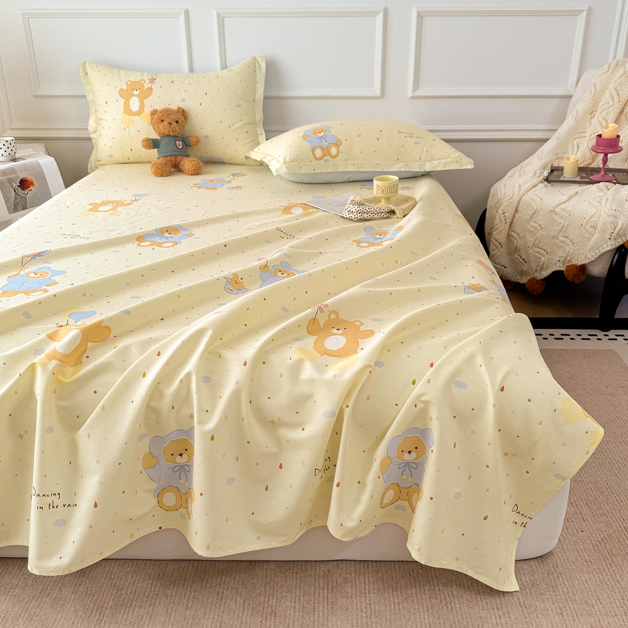 91家纺网 家纺一手货源 找家纺 壹贝家纺 2026新款全棉喷气印花床单系列 软萌小熊