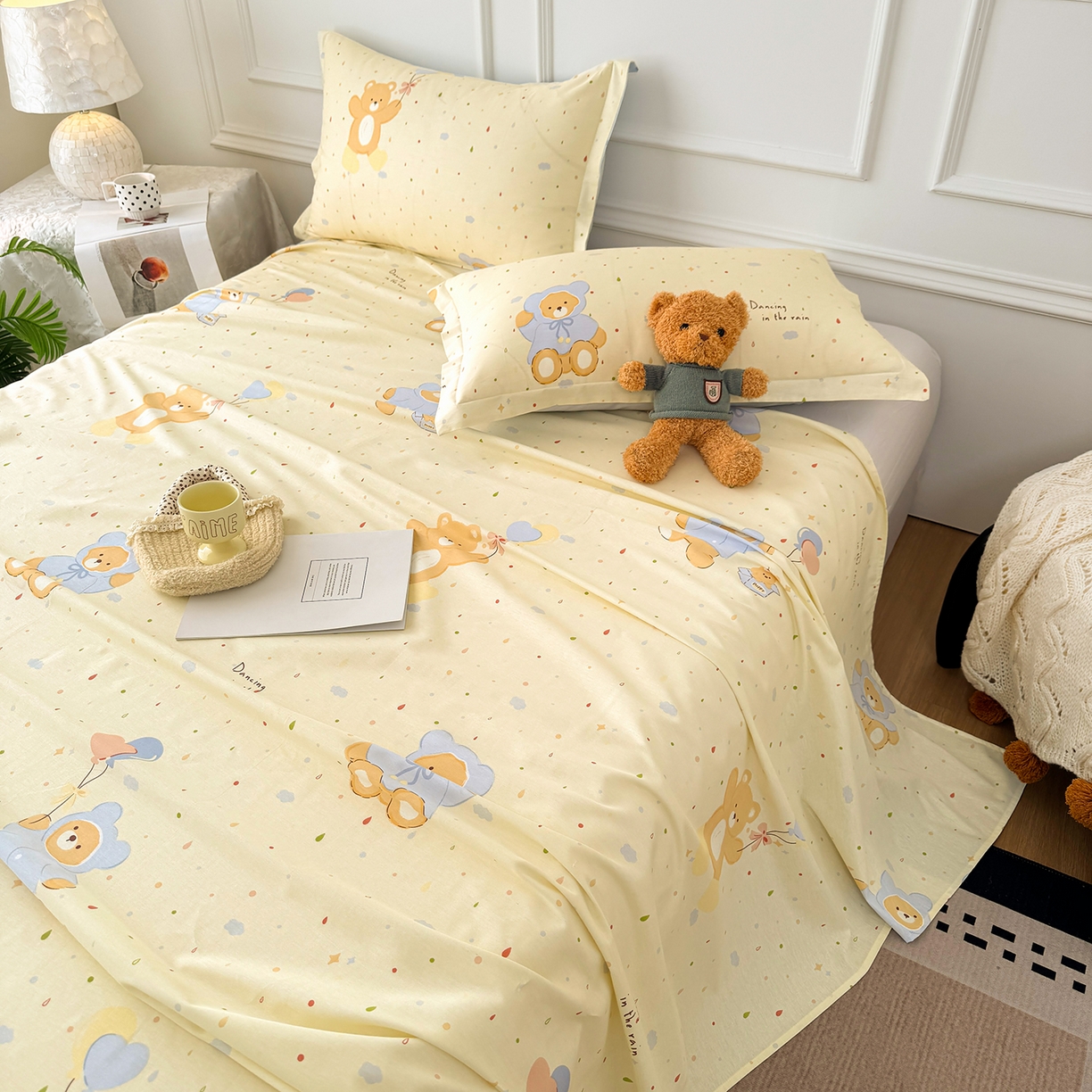 91家纺网 家纺一手货源 找家纺 壹贝家纺 2026新款全棉喷气印花床单系列 软萌小熊