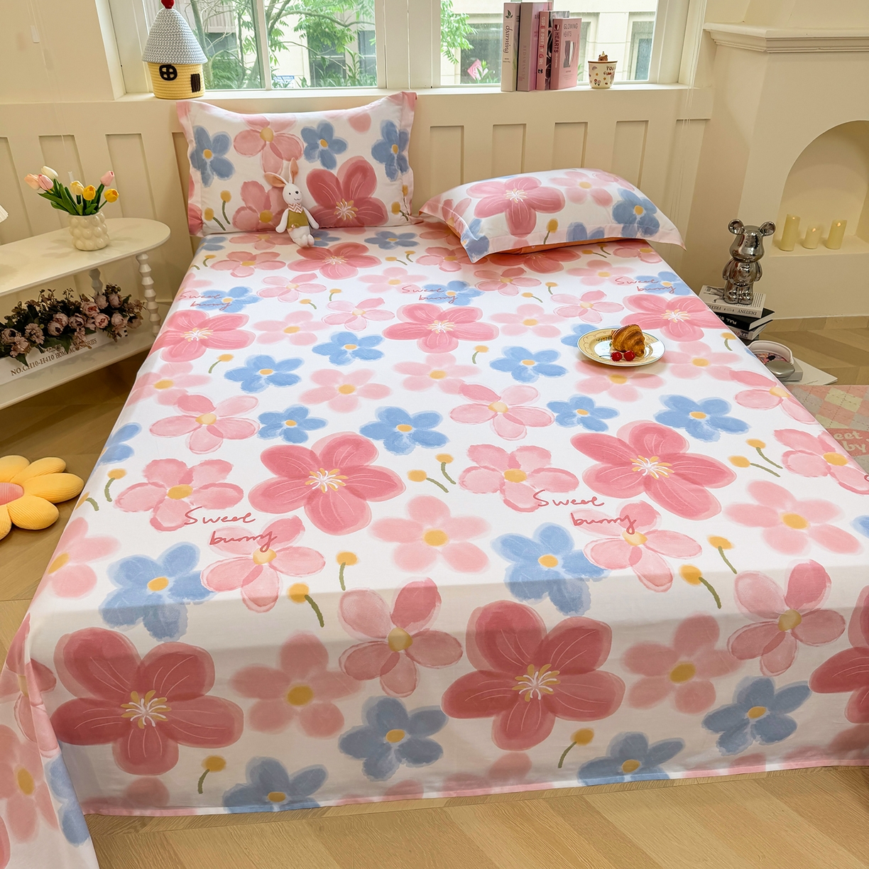 91家纺网 家纺一手货源 找家纺 壹贝家纺 2026新款全棉喷气印花床单系列 夕颜花开