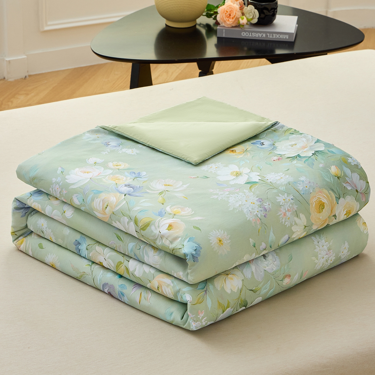 91家纺网 家纺一手货源 找家纺 元元家居（元元被业） 2026新款全棉纯棉13372印花两用夏被夏凉被空调被 花漾绿