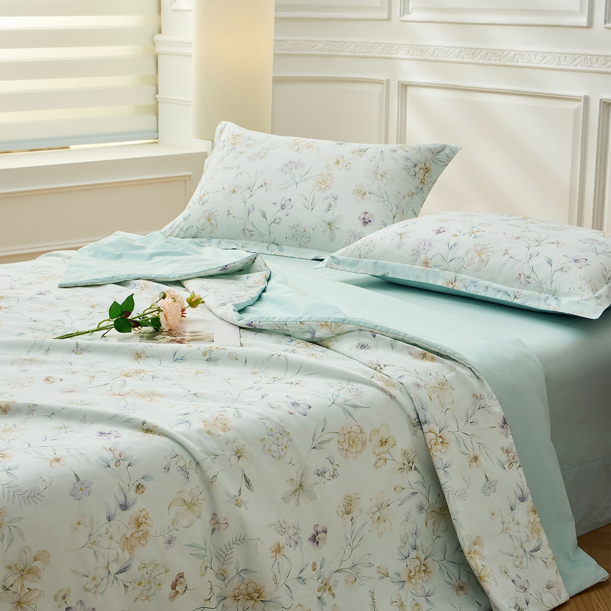 91家纺网 家纺一手货源 找家纺 元元家居（元元被业） 2026新款全棉纯棉13372印花两用夏被夏凉被空调被 春晓绿