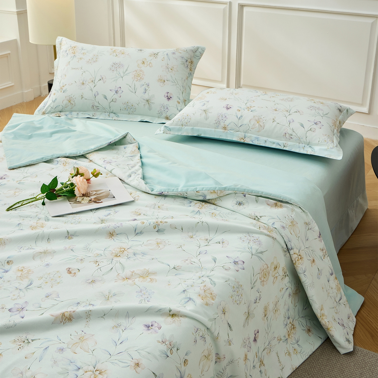 91家纺网 家纺一手货源 找家纺 元元家居（元元被业） 2026新款全棉纯棉13372印花两用夏被夏凉被空调被 春晓绿