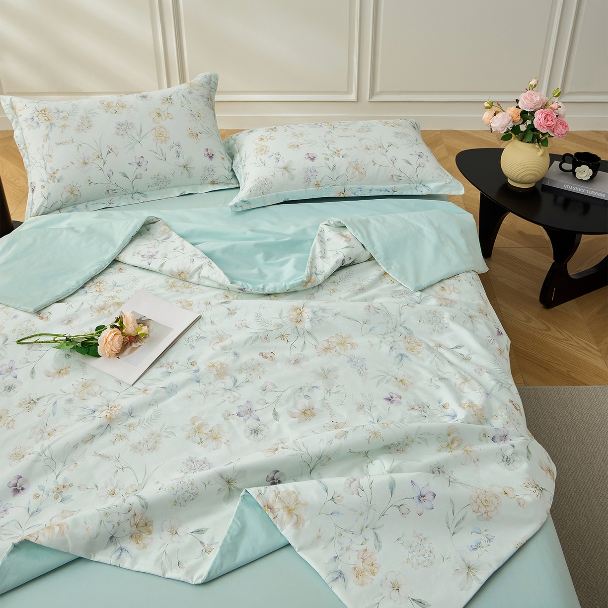 91家纺网 家纺一手货源 找家纺 元元家居（元元被业） 2026新款全棉纯棉13372印花两用夏被夏凉被空调被 春晓绿