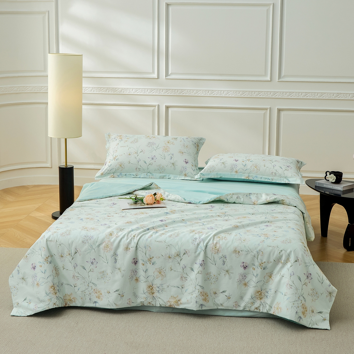 91家纺网 家纺一手货源 找家纺 元元家居（元元被业） 2026新款全棉纯棉13372印花两用夏被夏凉被空调被 春晓绿