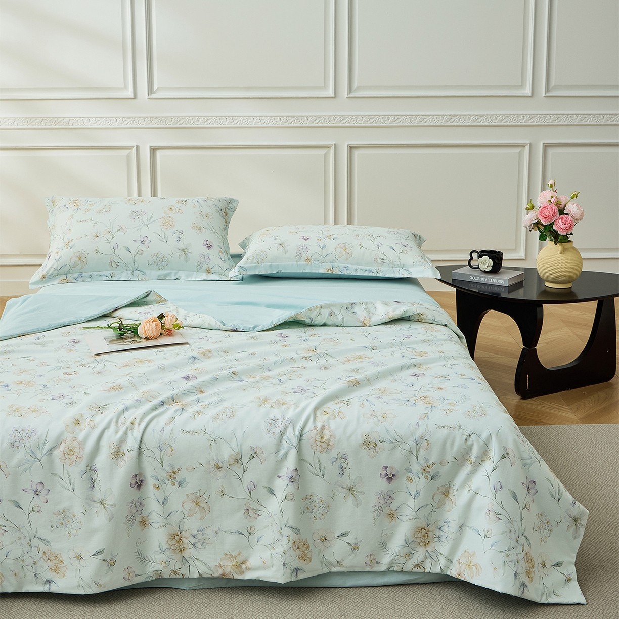 91家纺网 家纺一手货源 找家纺 元元家居（元元被业） 2026新款全棉纯棉13372印花两用夏被夏凉被空调被 春晓绿