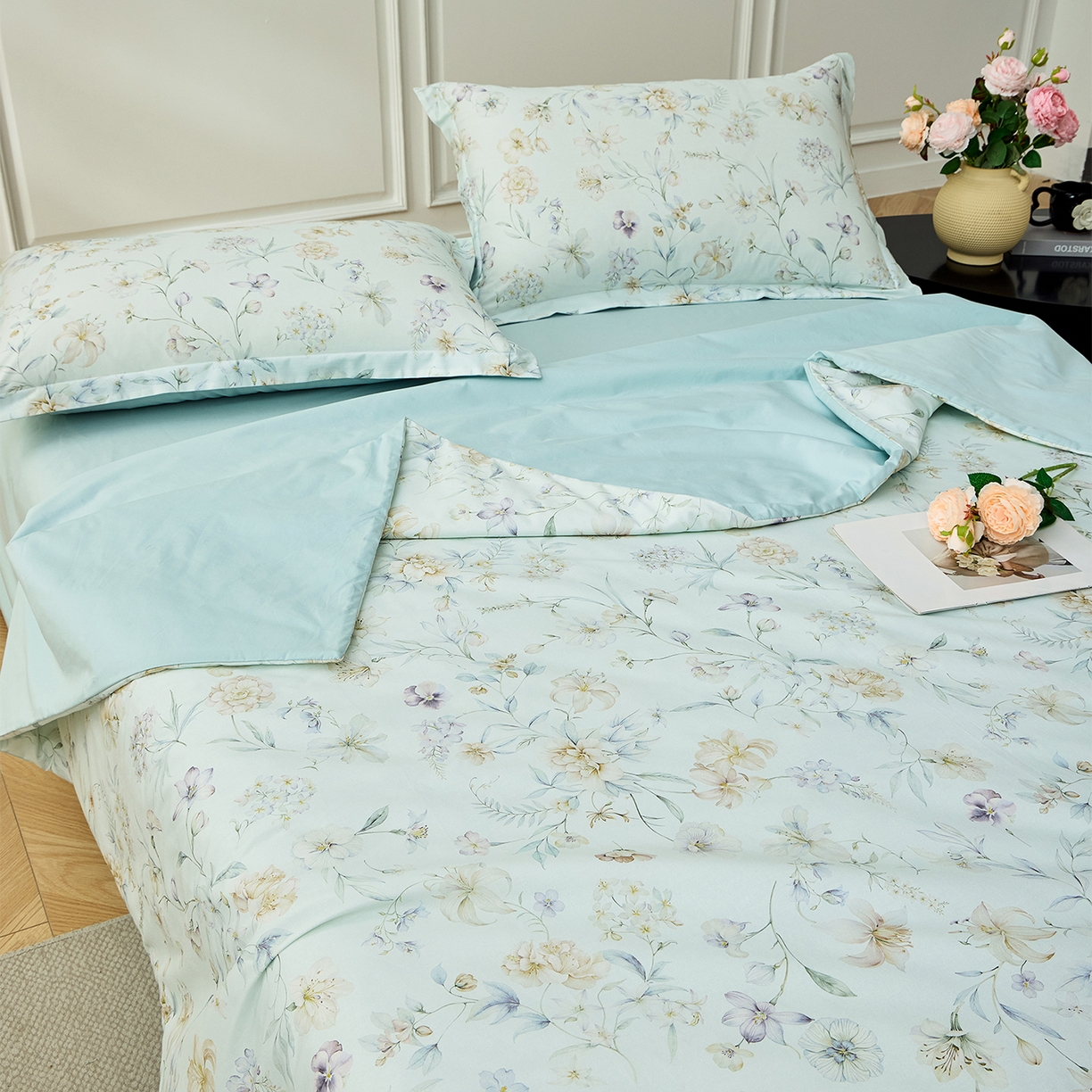 91家纺网 家纺一手货源 找家纺 元元家居（元元被业） 2026新款全棉纯棉13372印花两用夏被夏凉被空调被 春晓绿