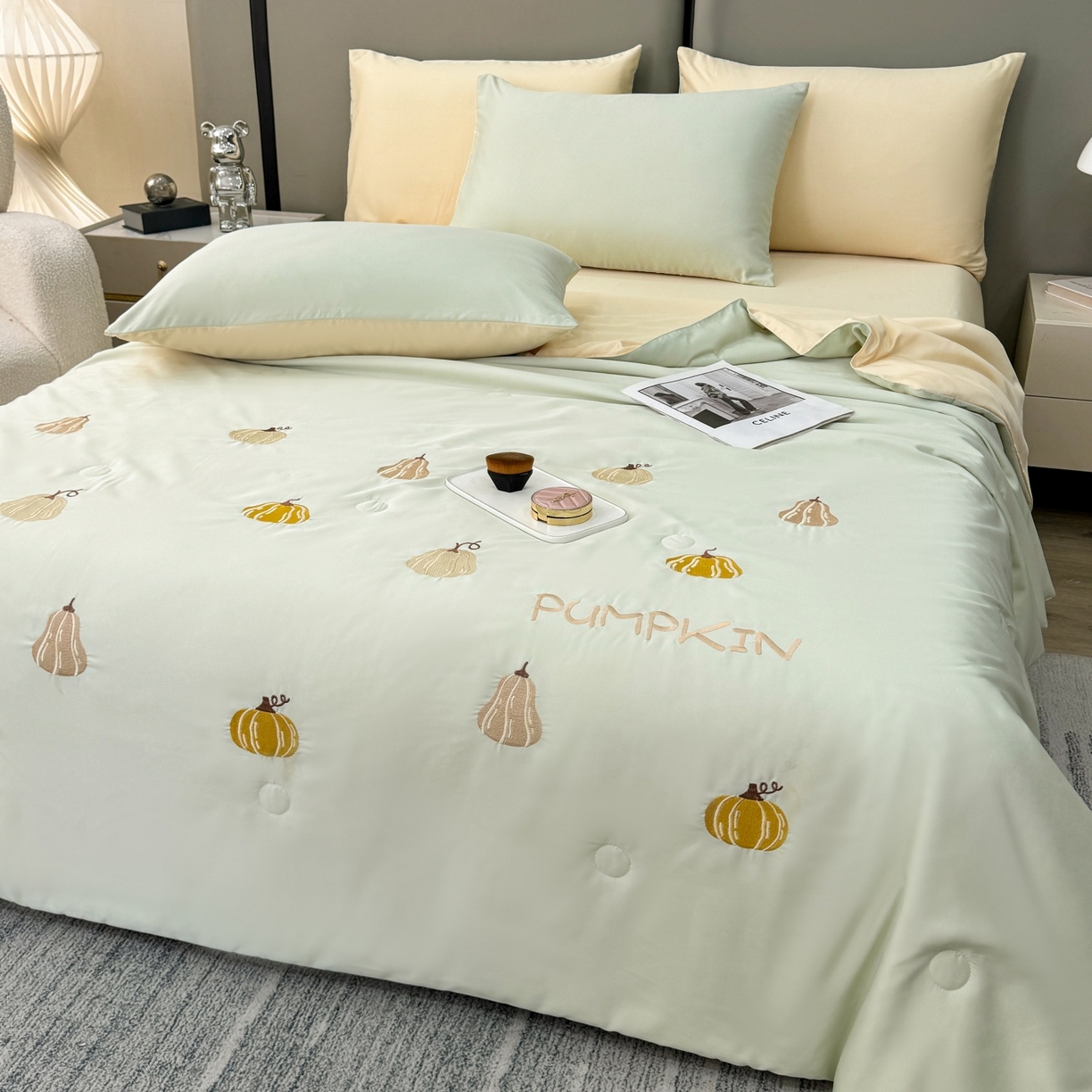 欢乐季 2026新款A类水洗冰丝满版刺绣夏被夏凉被空调被四件套 南瓜-水果奶黄