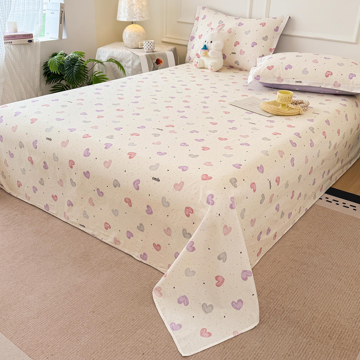 91家纺网 家纺一手货源 找家纺 壹贝家纺 2026新款全棉喷气印花床单系列 心相印