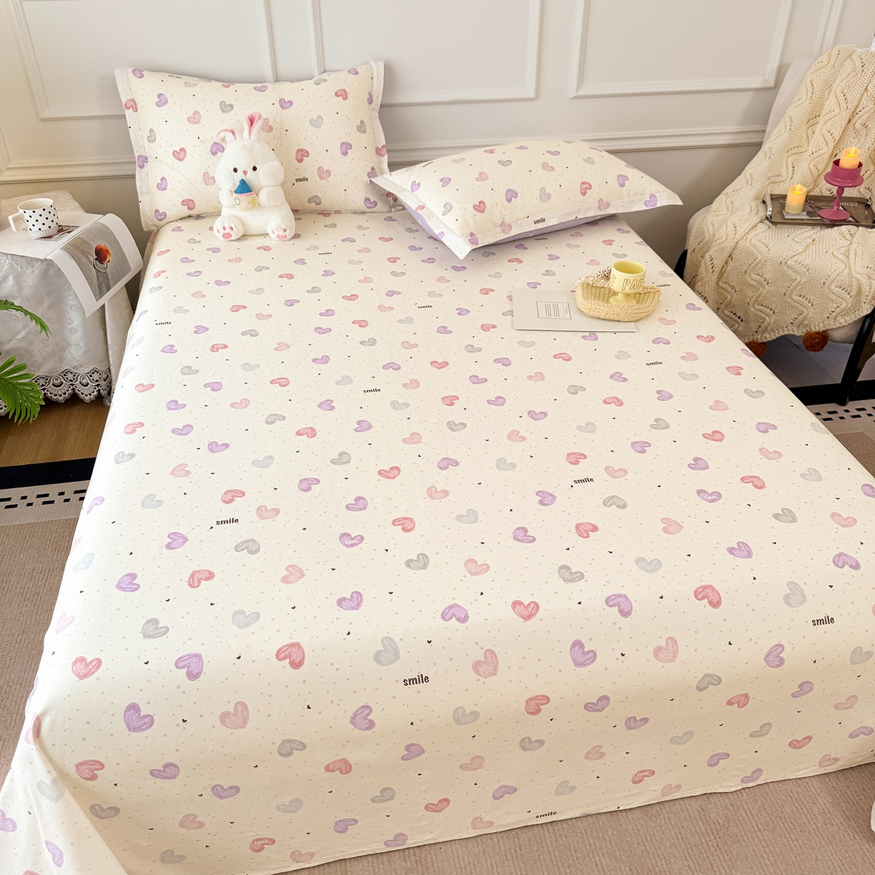 91家纺网 家纺一手货源 找家纺 壹贝家纺 2026新款全棉喷气印花床单系列 心相印