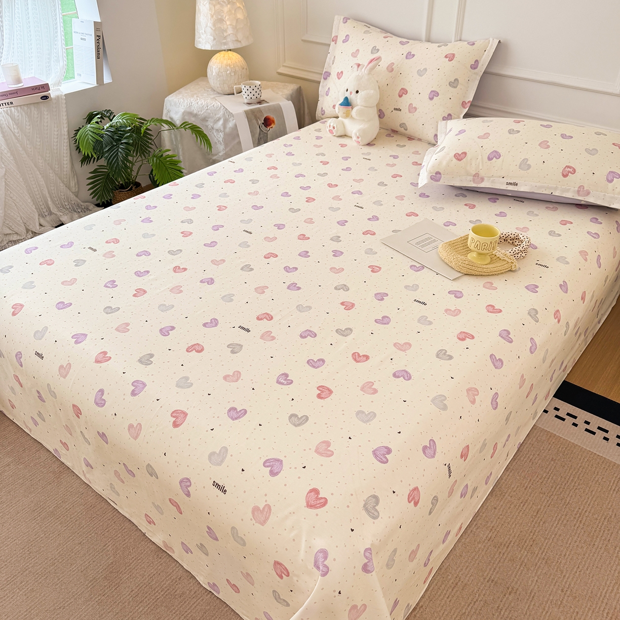 91家纺网 家纺一手货源 找家纺 壹贝家纺 2026新款全棉喷气印花床单系列 心相印