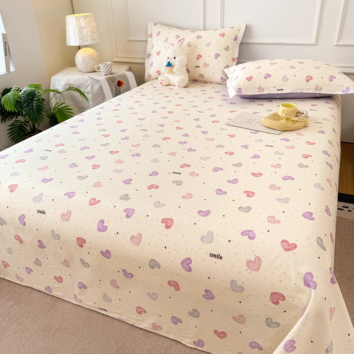 91家纺网 家纺一手货源 找家纺 壹贝家纺 2026新款全棉喷气印花床单系列 心相印