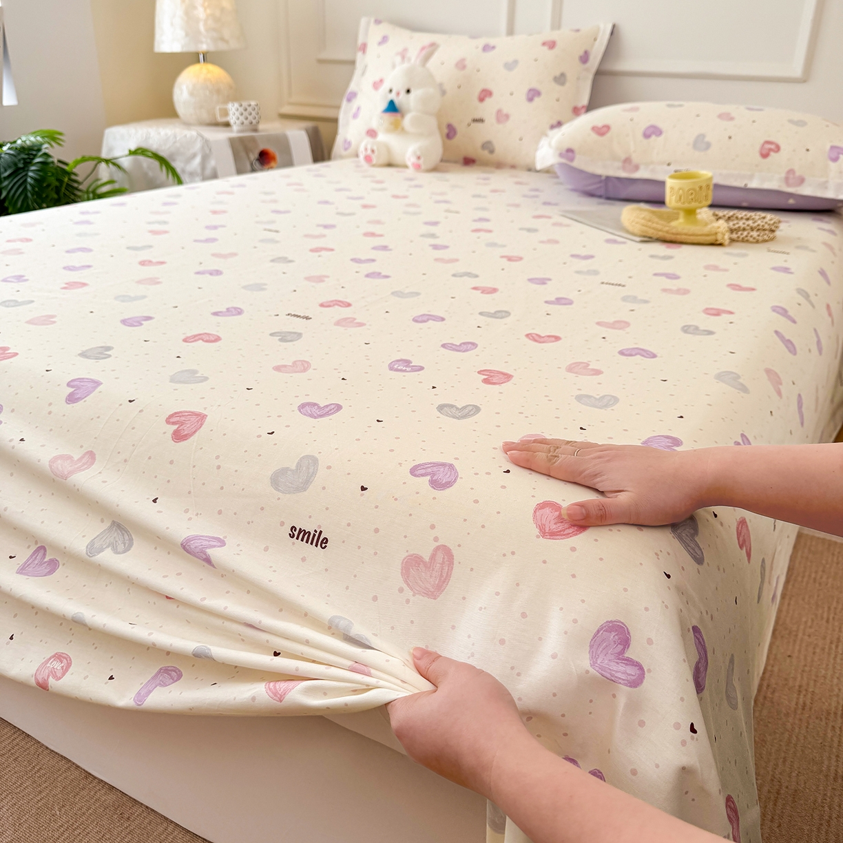 91家纺网 家纺一手货源 找家纺 壹贝家纺 2026新款全棉喷气印花床单系列 心相印