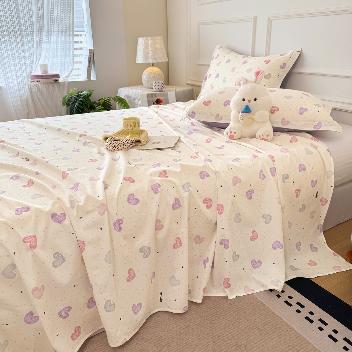 91家纺网 家纺一手货源 找家纺 壹贝家纺 2026新款全棉喷气印花床单系列 心相印