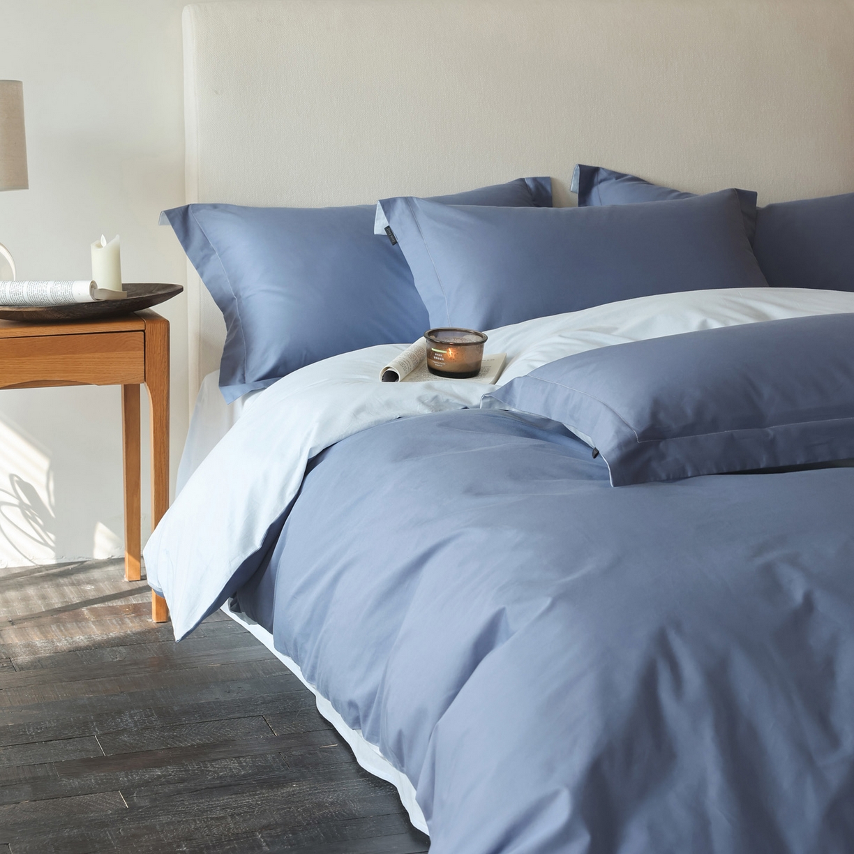 91家纺网 家纺一手货源 找家纺 万盛家纺 2026新款全棉40支极简风拼色四件套（居家风格） 净蓝-蓝夕