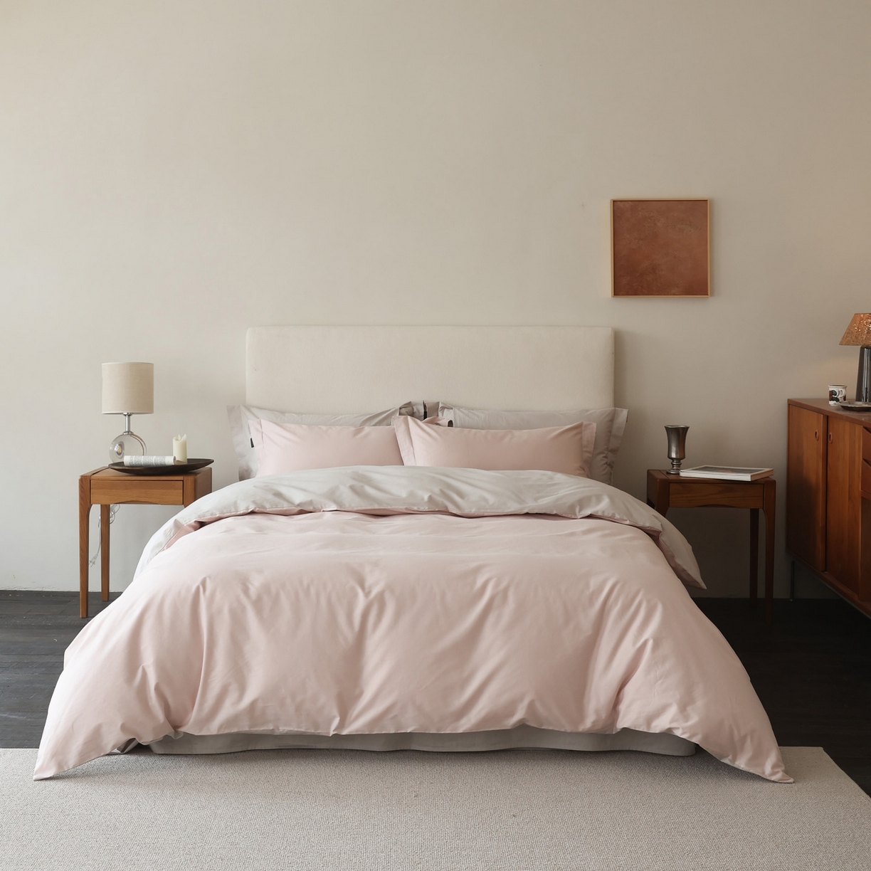 91家纺网 家纺一手货源 找家纺 万盛家纺 2026新款全棉40支极简风拼色四件套（居家风格） 蜜糖粉-冰河灰