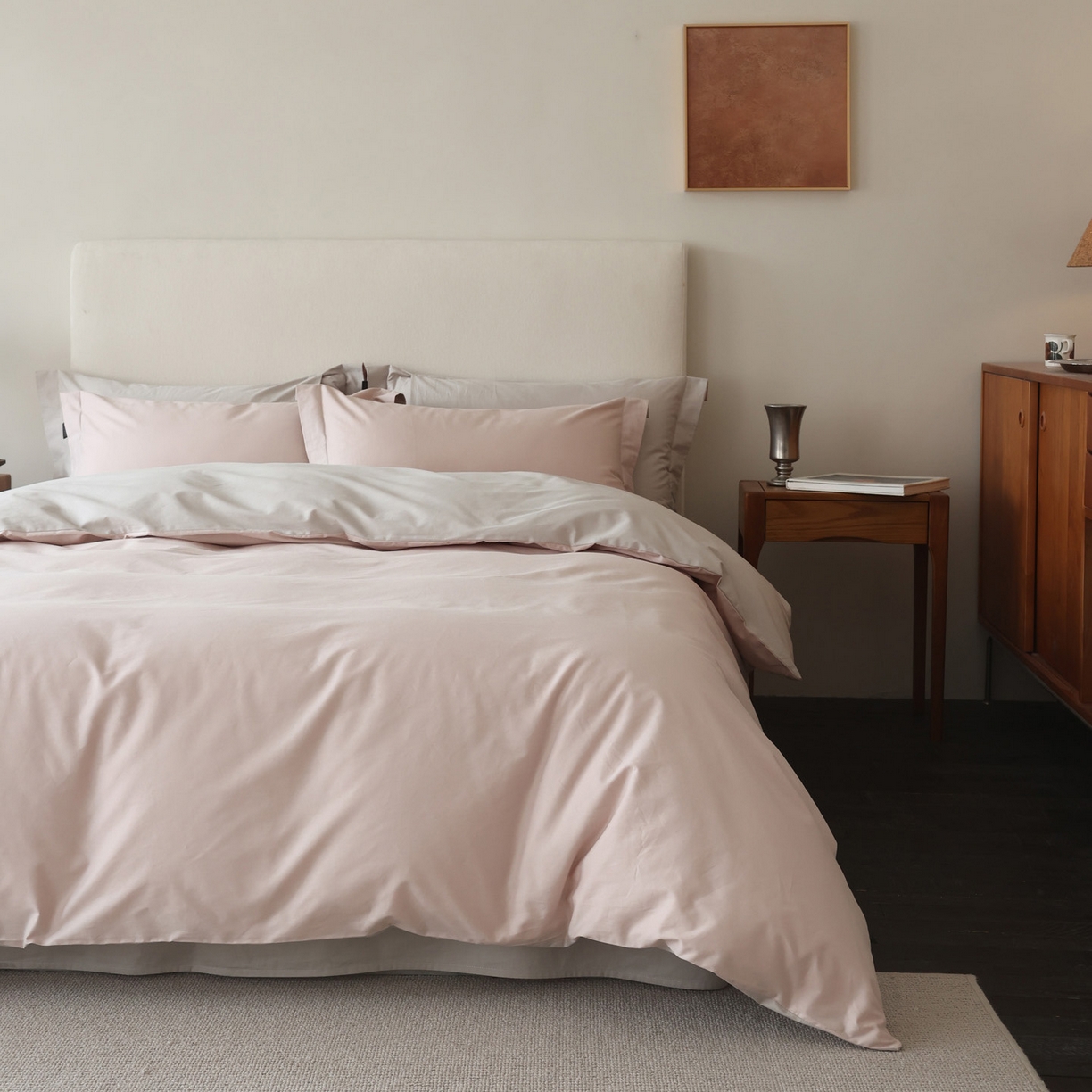 91家纺网 家纺一手货源 找家纺 万盛家纺 2026新款全棉40支极简风拼色四件套（居家风格） 蜜糖粉-冰河灰