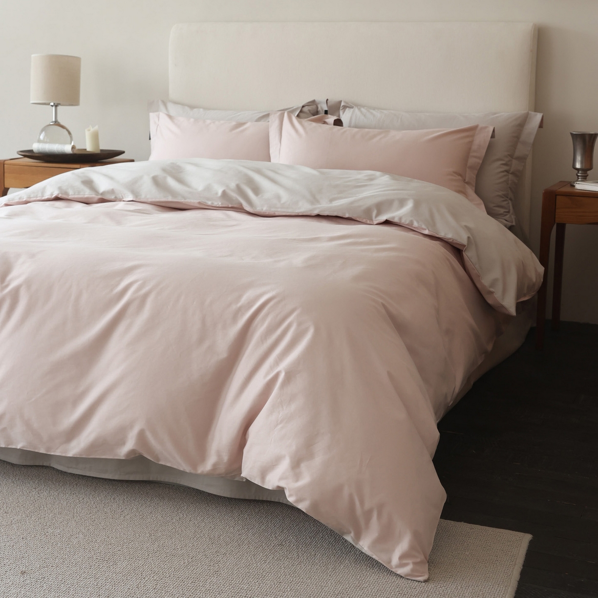 91家纺网 家纺一手货源 找家纺 万盛家纺 2026新款全棉40支极简风拼色四件套（居家风格） 蜜糖粉-冰河灰