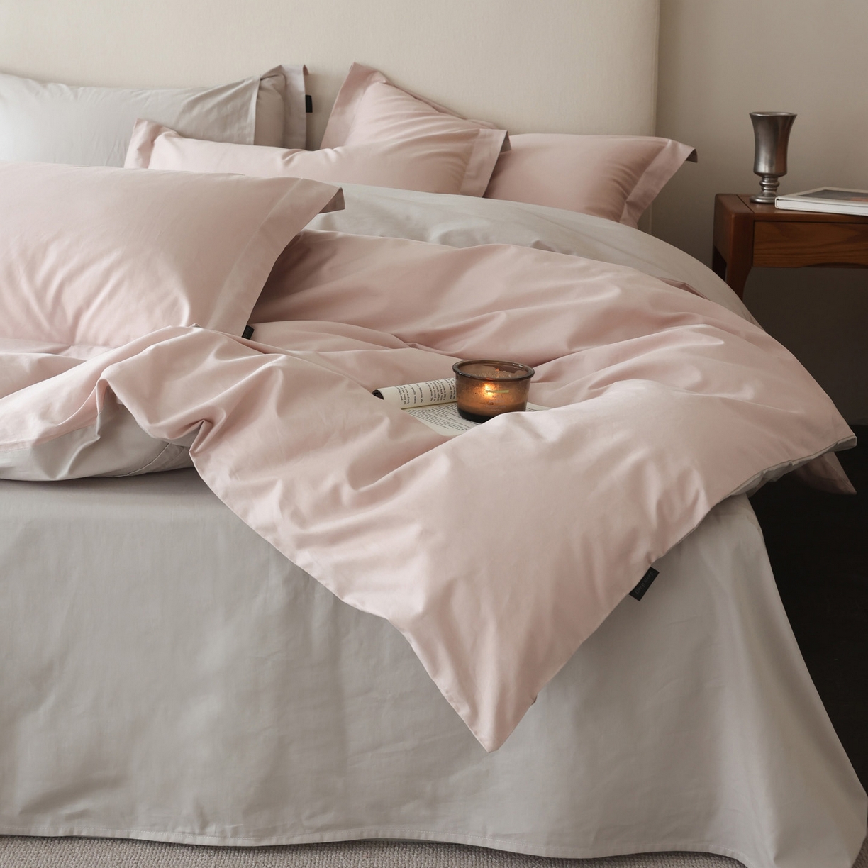 91家纺网 家纺一手货源 找家纺 万盛家纺 2026新款全棉40支极简风拼色四件套（居家风格） 蜜糖粉-冰河灰