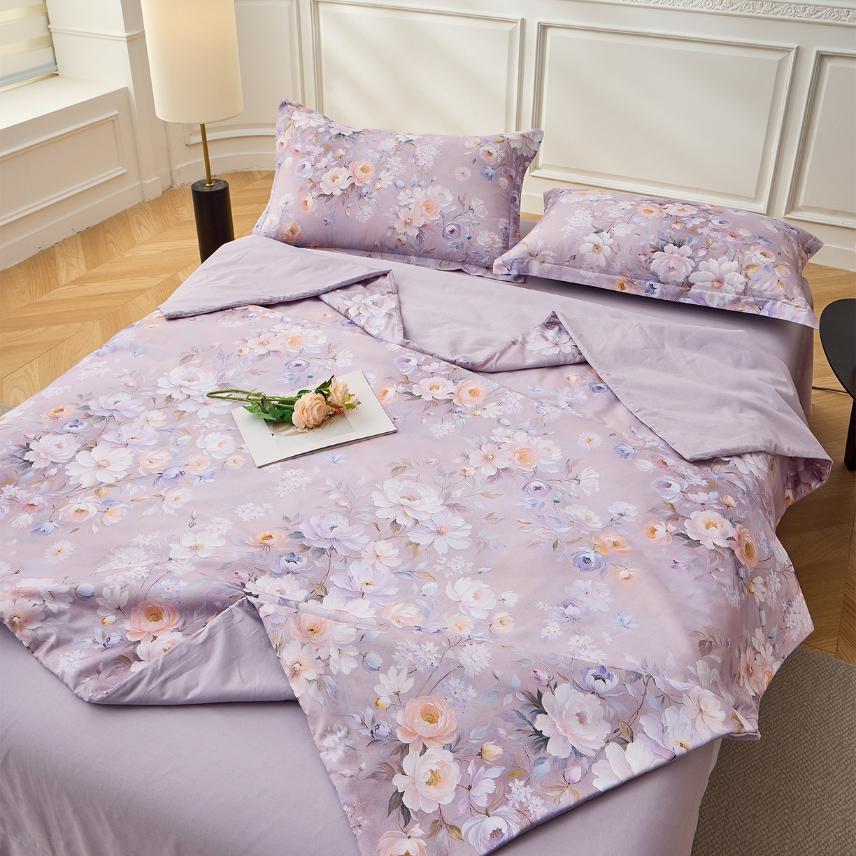 91家纺网 家纺一手货源 找家纺 元元家居（元元被业） 2026新款全棉纯棉13372印花两用夏被夏凉被空调被 花漾紫