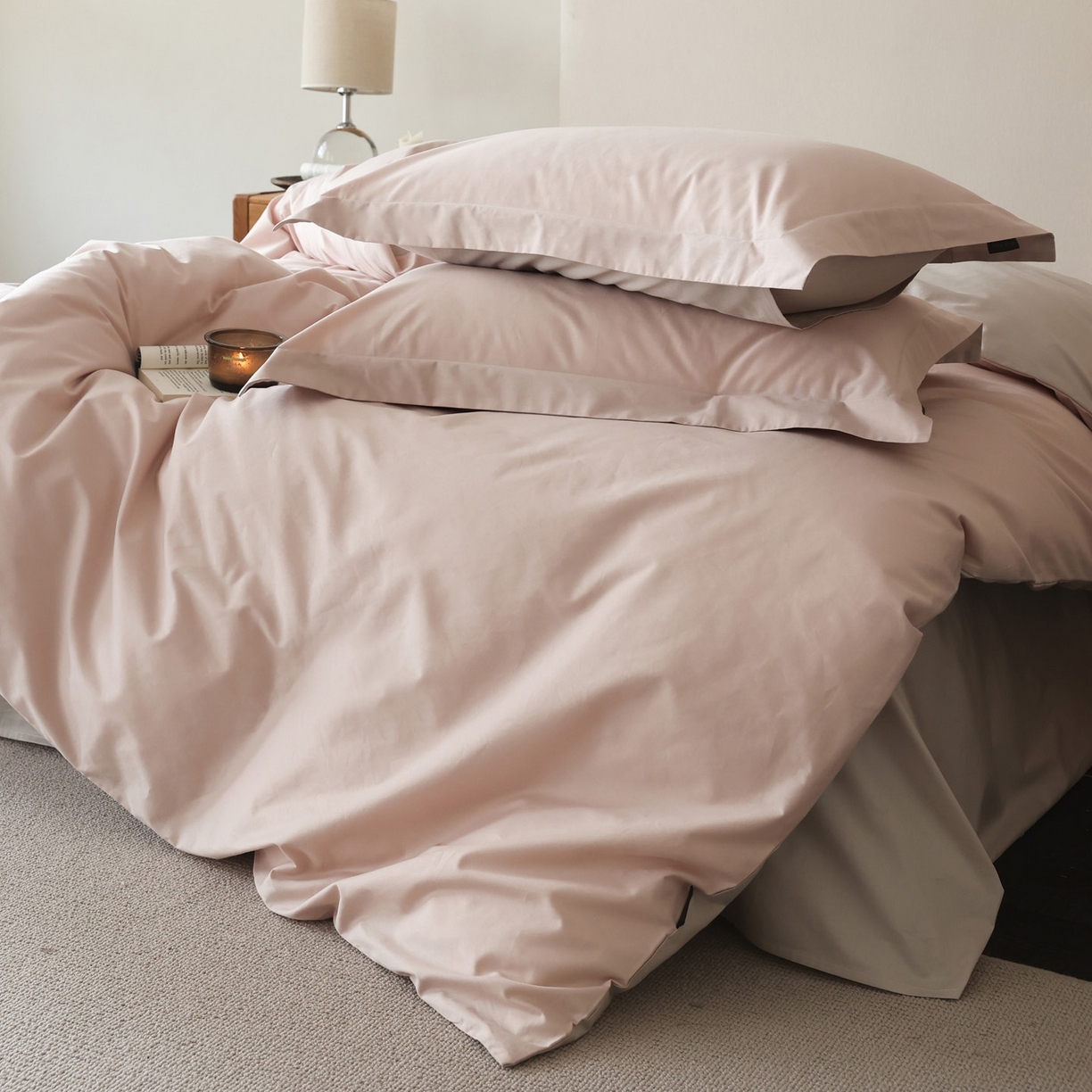 91家纺网 家纺一手货源 找家纺 万盛家纺 2026新款全棉40支极简风拼色四件套（居家风格） 蜜糖粉-冰河灰