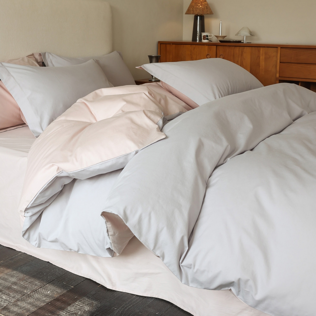 万盛家纺 2026新款全棉40支极简风拼色四件套（居家风格） 浅灰-蜜糖粉