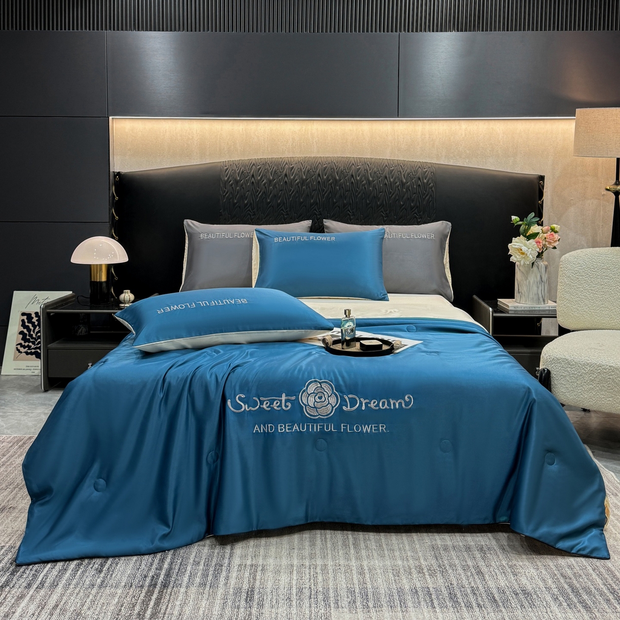 91家纺网 家纺一手货源 找家纺 （总）欢乐季 2026新款A类水洗冰丝山茶花刺绣夏被夏凉被空调被四件套