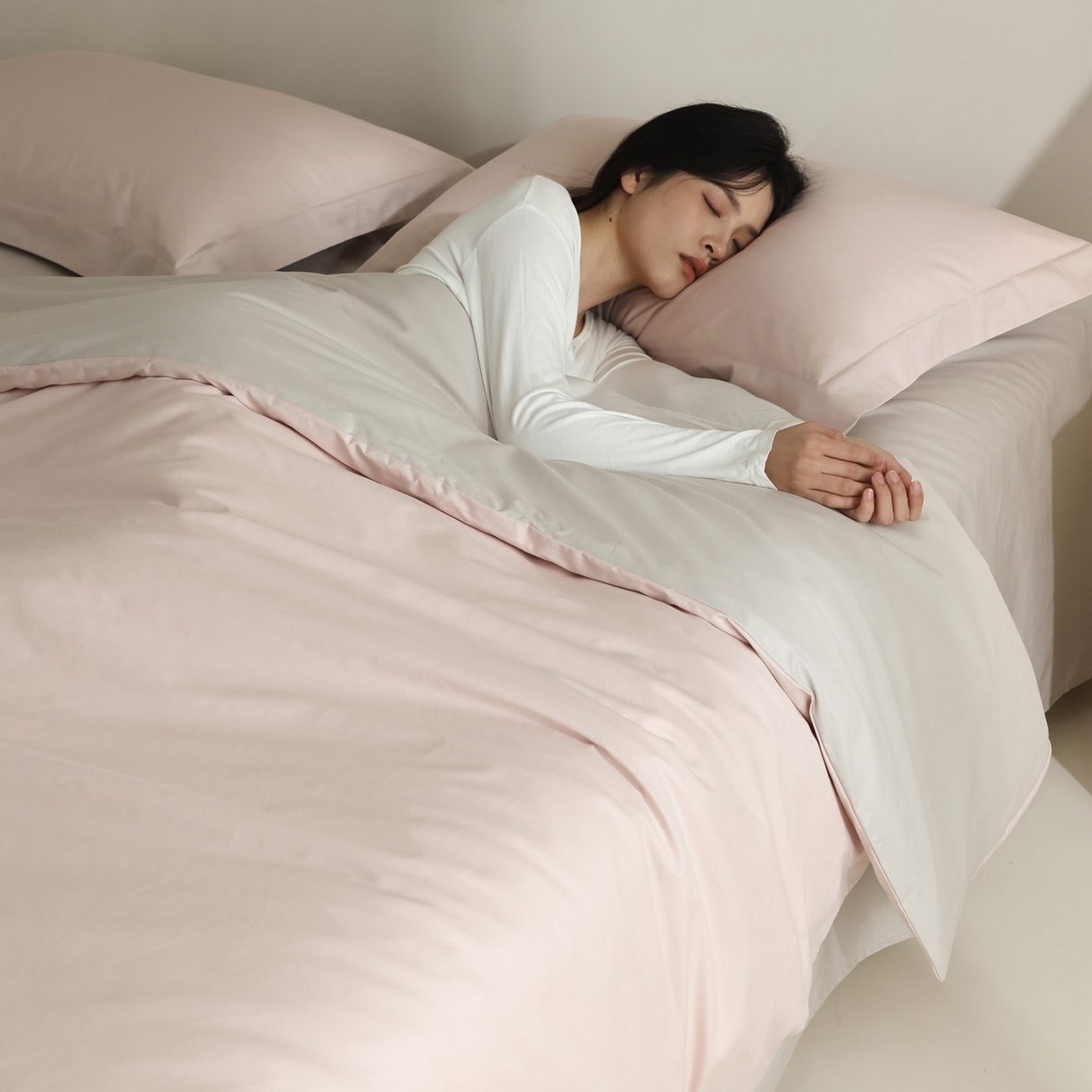 91家纺网 家纺一手货源 找家纺 万盛家纺 2026新款全棉40支极简风拼色四件套（无影墙风格） 蜜糖粉-冰河灰