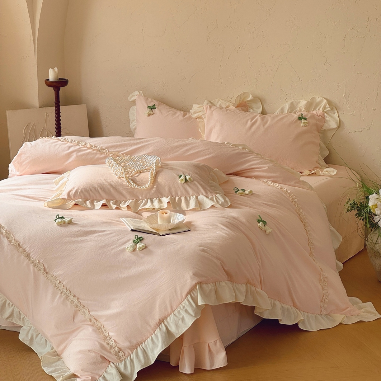 91家纺网 家纺一手货源 找家纺 （总）庭笙 2026新款古法水洗棉感法式立体花韩版花边四件套-铃兰妙语