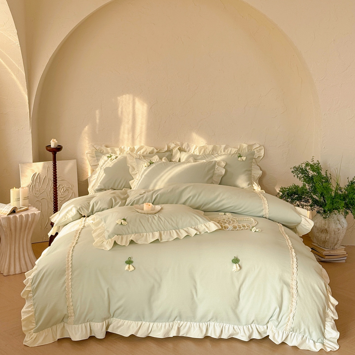 91家纺网 家纺一手货源 找家纺 （总）庭笙 2026新款古法水洗棉感法式立体花韩版花边四件套-铃兰妙语