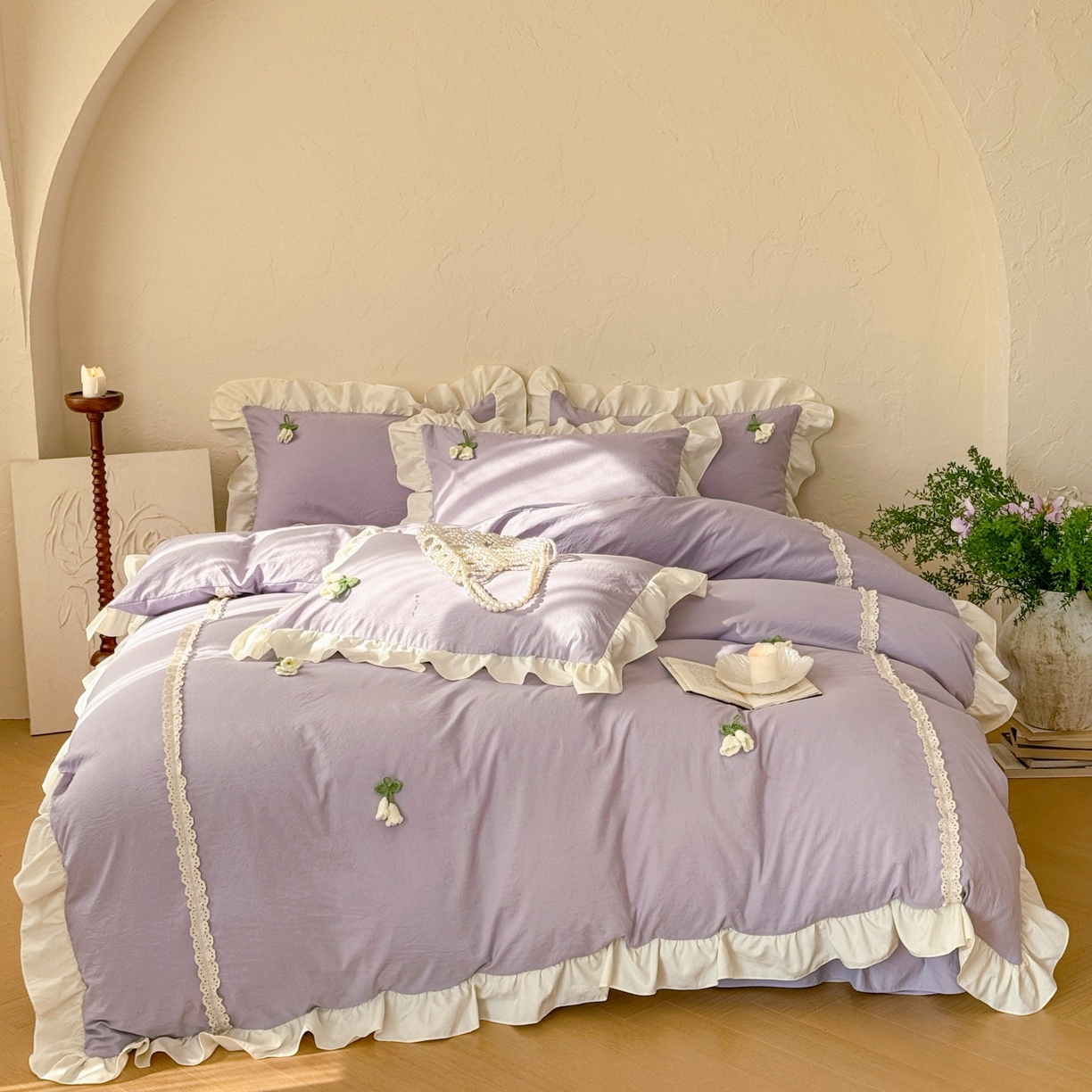 庭笙 2026新款古法水洗棉感法式立体花韩版花边四件套-铃兰妙语 铃兰妙语-紫