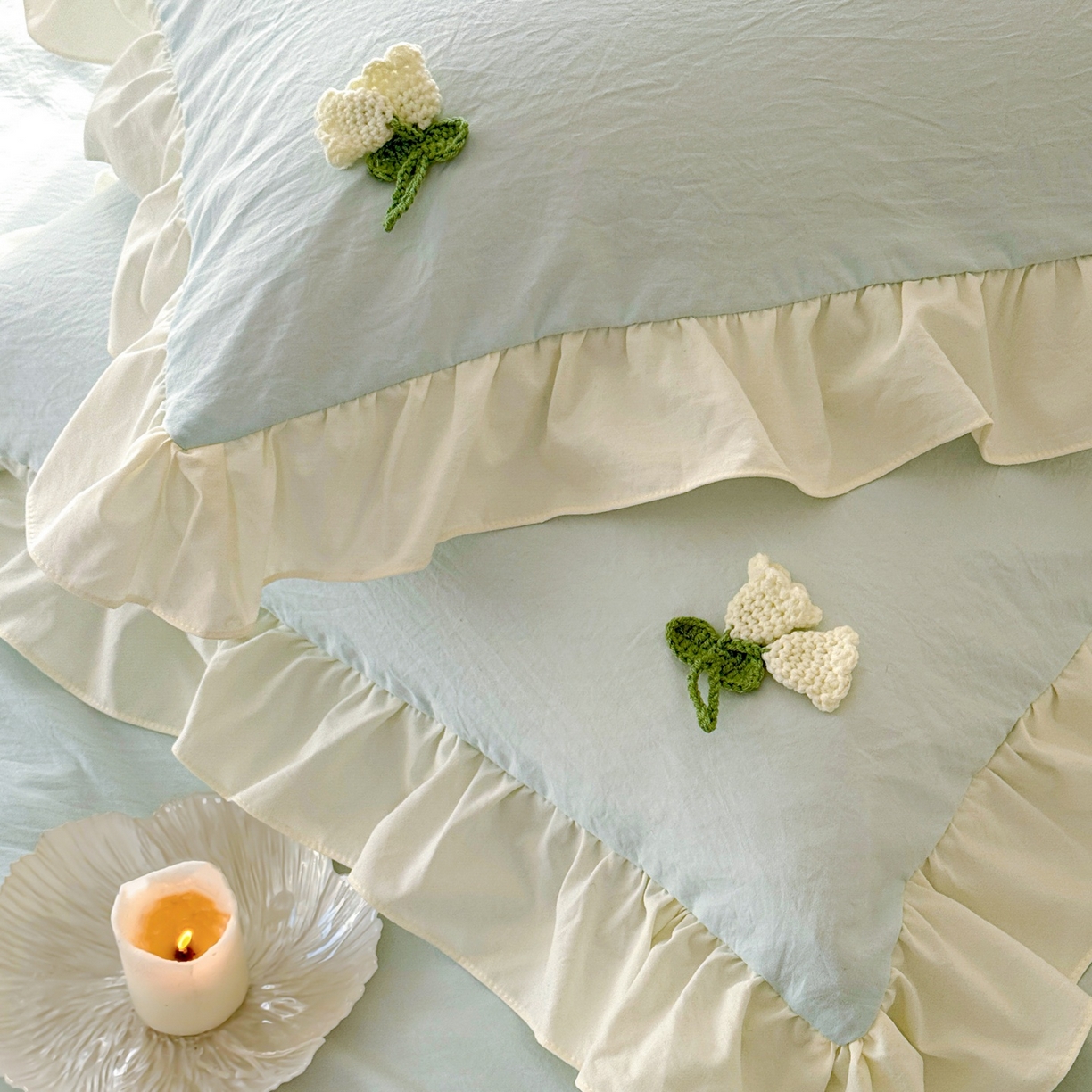 91家纺网 家纺一手货源 找家纺 庭笙 2026新款古法水洗棉感法式立体花韩版花边四件套-铃兰妙语 铃兰妙语-蓝