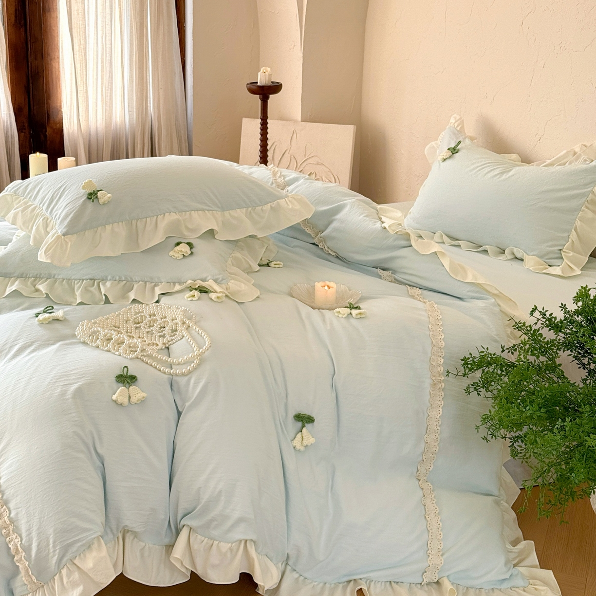 91家纺网 家纺一手货源 找家纺 庭笙 2026新款古法水洗棉感法式立体花韩版花边四件套-铃兰妙语 铃兰妙语-蓝