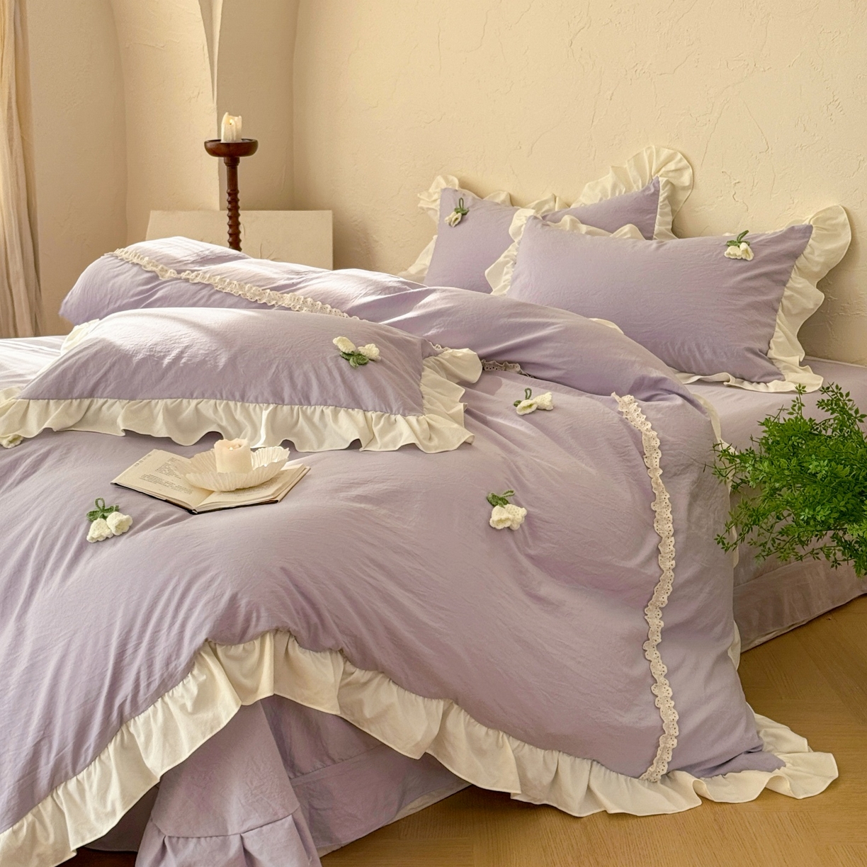 91家纺网 家纺一手货源 找家纺 庭笙 2026新款古法水洗棉感法式立体花韩版花边四件套-铃兰妙语 铃兰妙语-紫