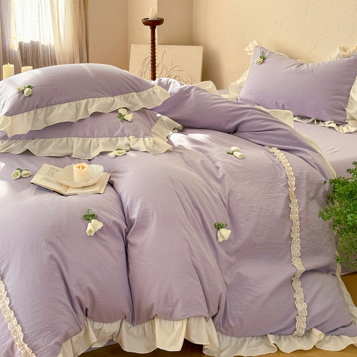 91家纺网 家纺一手货源 找家纺 庭笙 2026新款古法水洗棉感法式立体花韩版花边四件套-铃兰妙语 铃兰妙语-紫