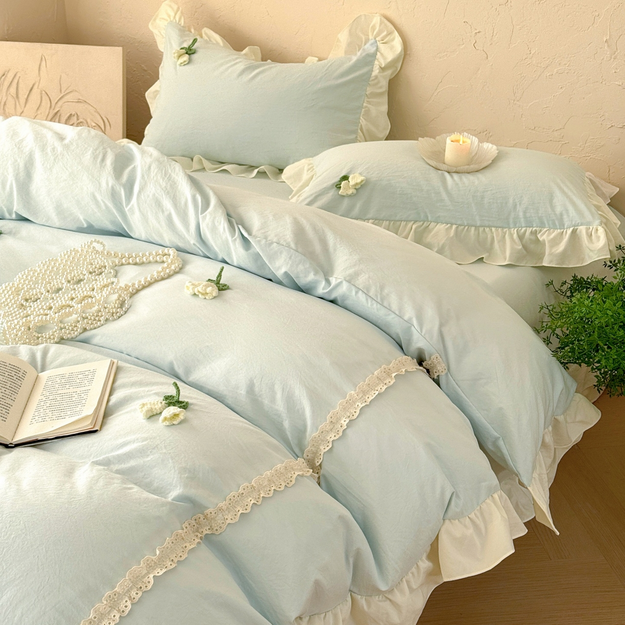 91家纺网 家纺一手货源 找家纺 庭笙 2026新款古法水洗棉感法式立体花韩版花边四件套-铃兰妙语 铃兰妙语-蓝