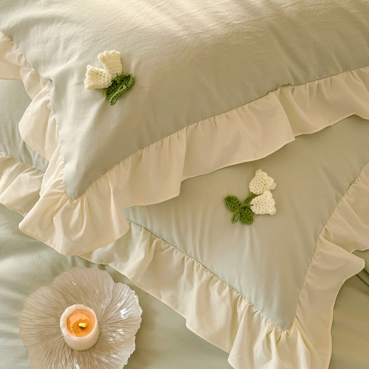 91家纺网 家纺一手货源 找家纺 庭笙 2026新款古法水洗棉感法式立体花韩版花边四件套-铃兰妙语 铃兰妙语-绿