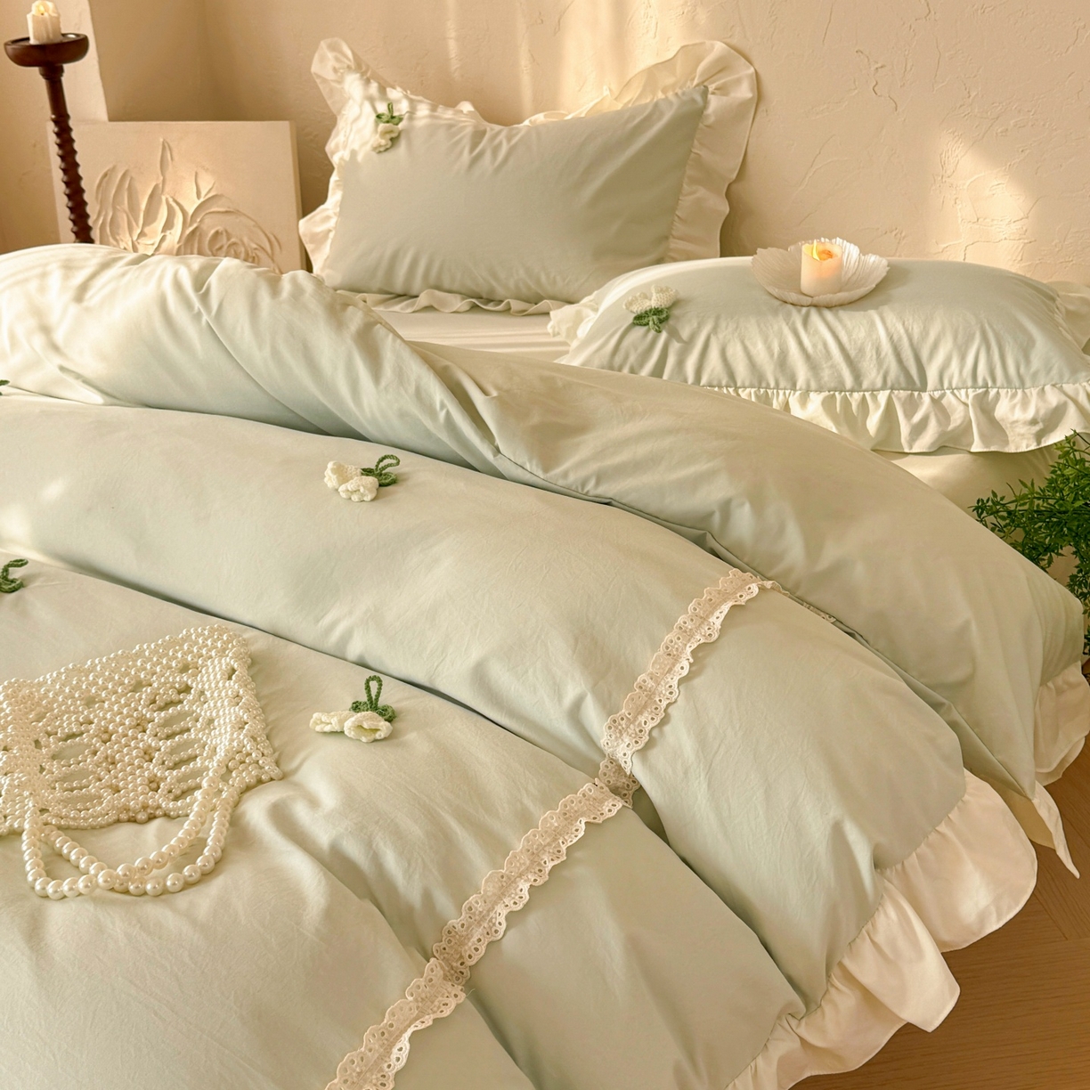 91家纺网 家纺一手货源 找家纺 庭笙 2026新款古法水洗棉感法式立体花韩版花边四件套-铃兰妙语 铃兰妙语-绿