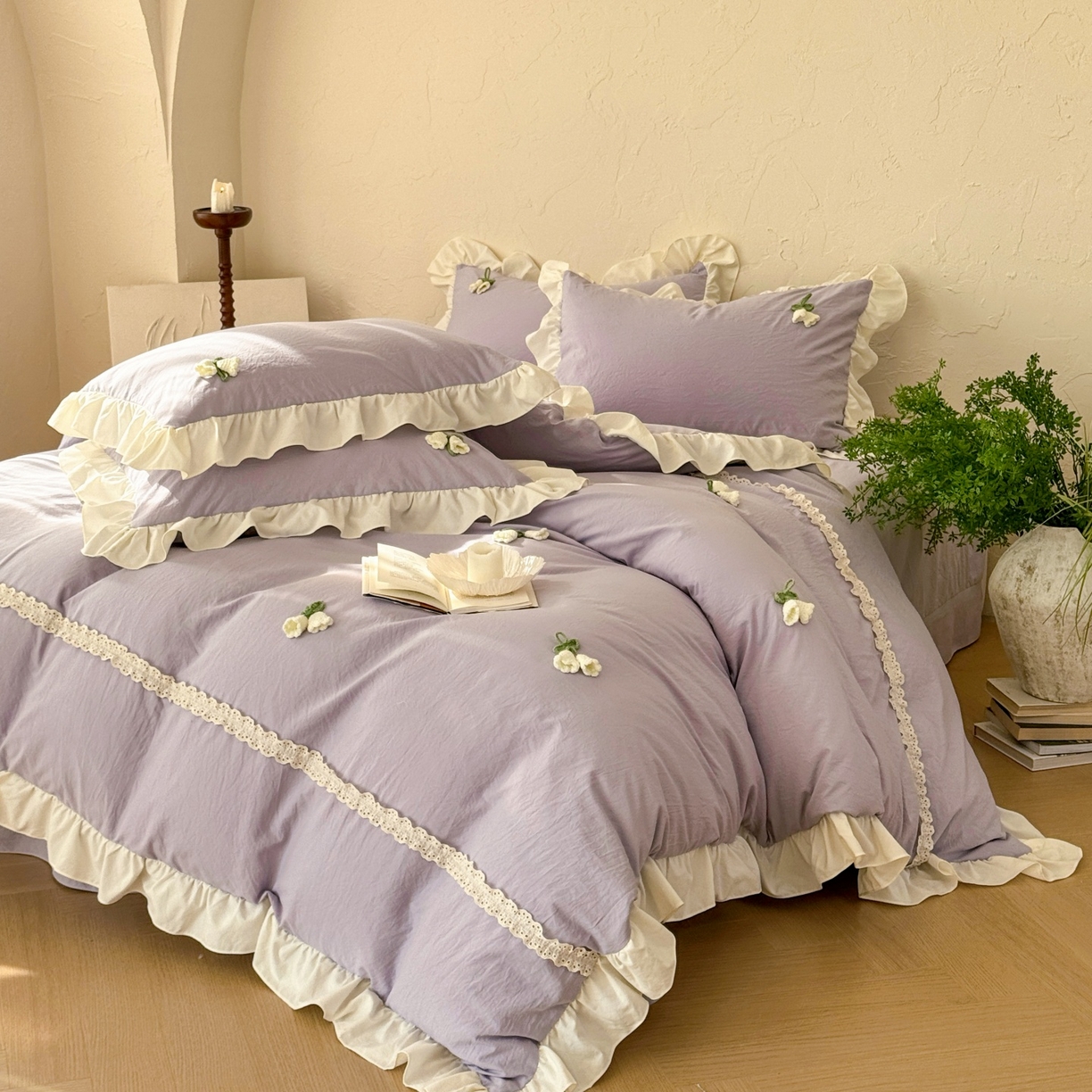 91家纺网 家纺一手货源 找家纺 庭笙 2026新款古法水洗棉感法式立体花韩版花边四件套-铃兰妙语 铃兰妙语-紫
