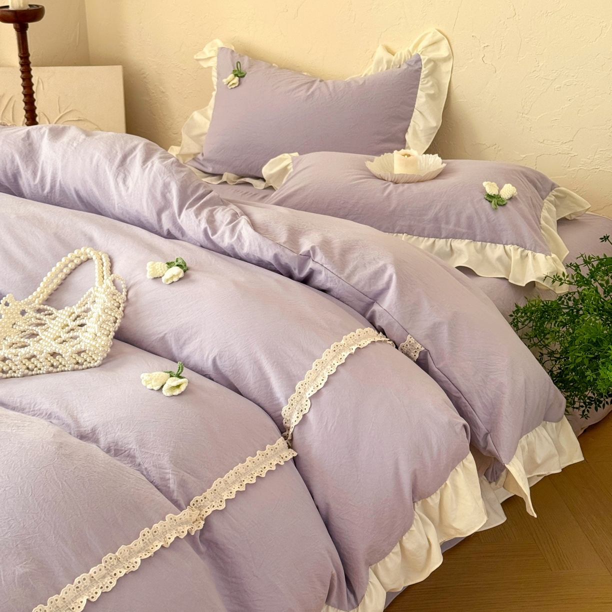 91家纺网 家纺一手货源 找家纺 庭笙 2026新款古法水洗棉感法式立体花韩版花边四件套-铃兰妙语 铃兰妙语-紫