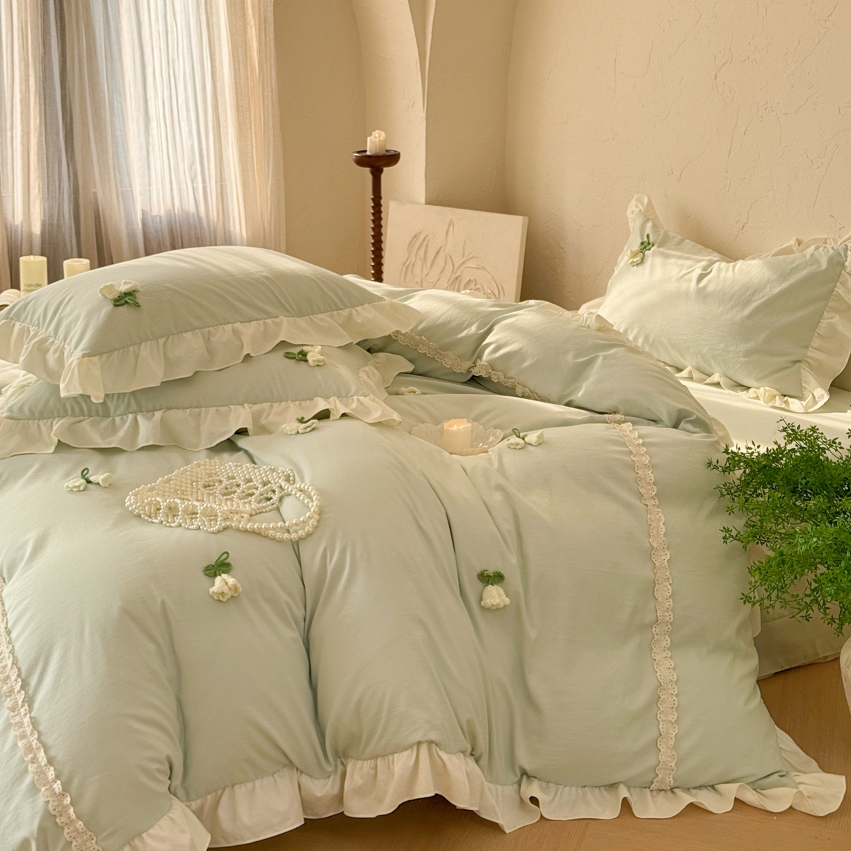 91家纺网 家纺一手货源 找家纺 庭笙 2026新款古法水洗棉感法式立体花韩版花边四件套-铃兰妙语 铃兰妙语-绿