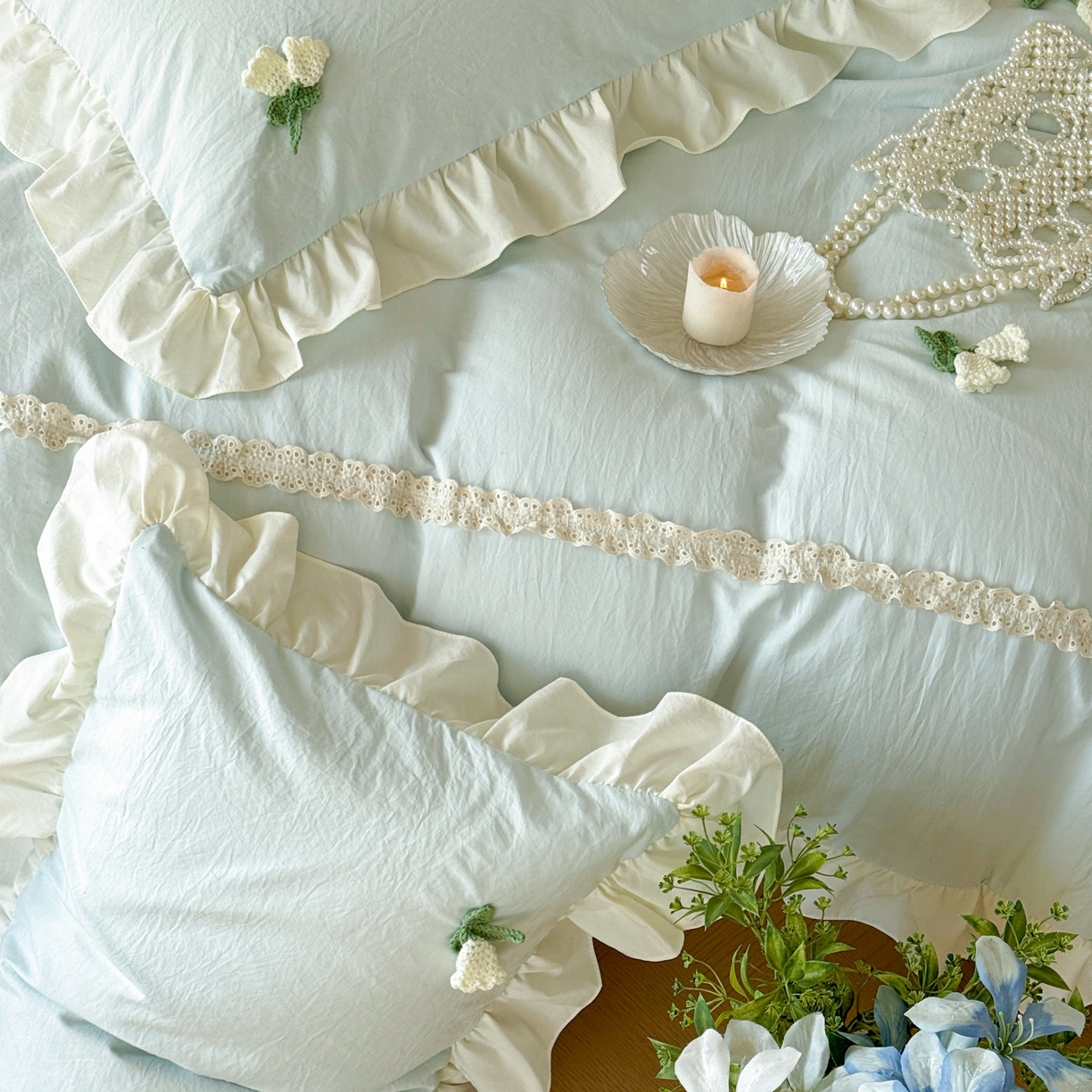 91家纺网 家纺一手货源 找家纺 庭笙 2026新款古法水洗棉感法式立体花韩版花边四件套-铃兰妙语 铃兰妙语-蓝