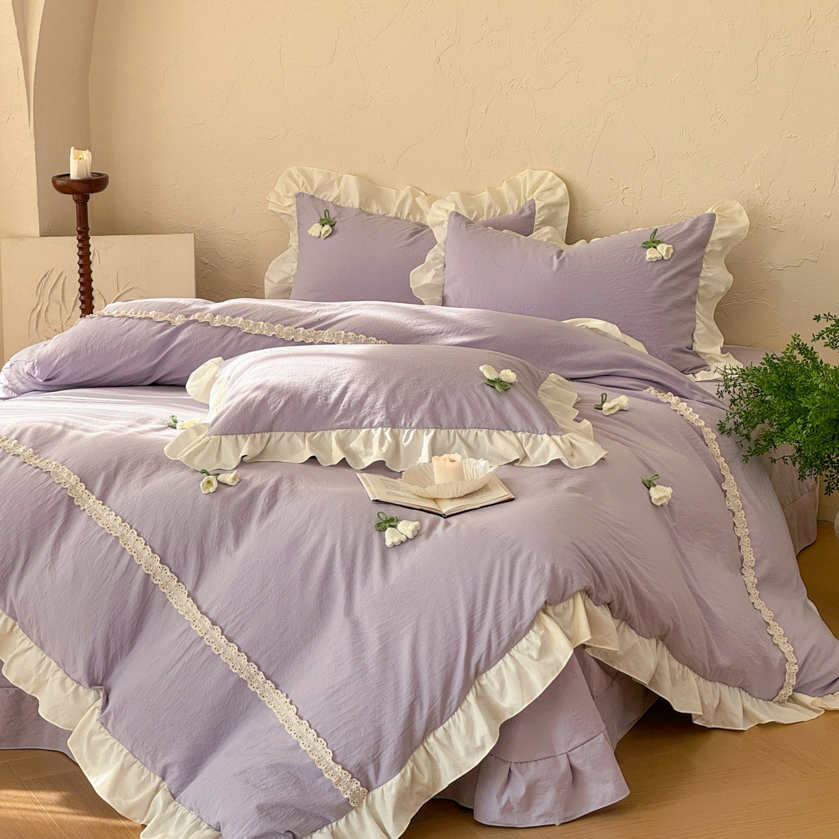 91家纺网 家纺一手货源 找家纺 庭笙 2026新款古法水洗棉感法式立体花韩版花边四件套-铃兰妙语 铃兰妙语-紫