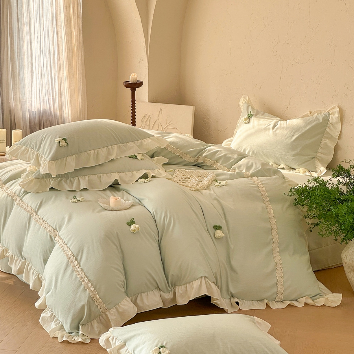 91家纺网 家纺一手货源 找家纺 庭笙 2026新款古法水洗棉感法式立体花韩版花边四件套-铃兰妙语 铃兰妙语-绿