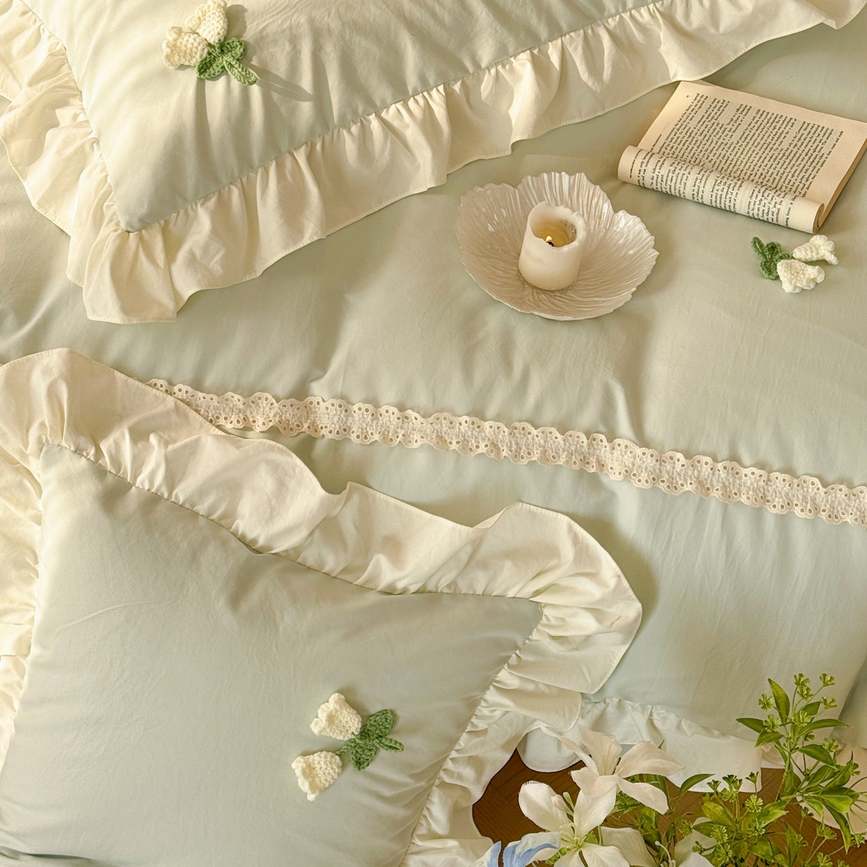 91家纺网 家纺一手货源 找家纺 庭笙 2026新款古法水洗棉感法式立体花韩版花边四件套-铃兰妙语 铃兰妙语-绿