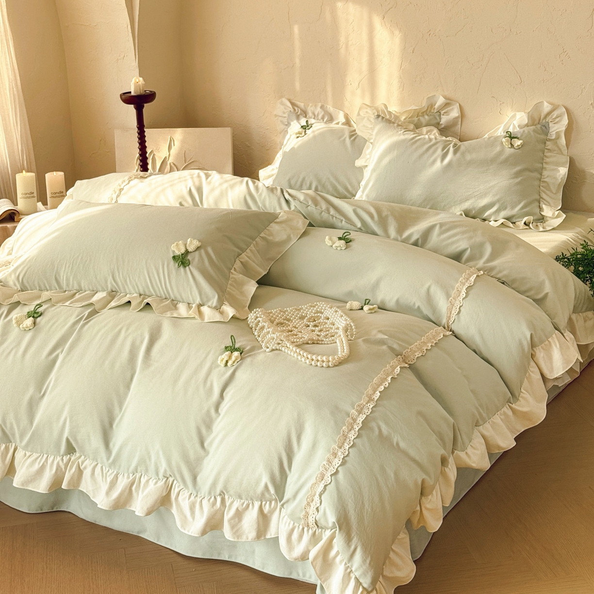 91家纺网 家纺一手货源 找家纺 庭笙 2026新款古法水洗棉感法式立体花韩版花边四件套-铃兰妙语 铃兰妙语-绿