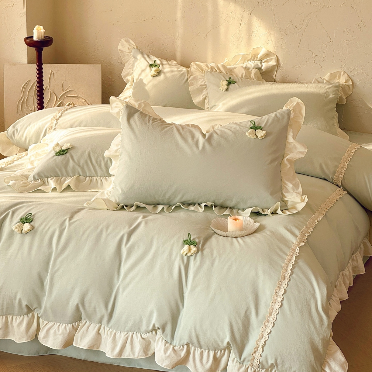 91家纺网 家纺一手货源 找家纺 庭笙 2026新款古法水洗棉感法式立体花韩版花边四件套-铃兰妙语 铃兰妙语-绿