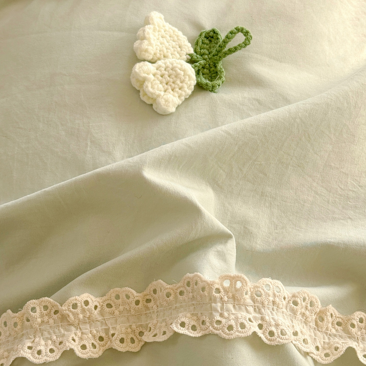 91家纺网 家纺一手货源 找家纺 庭笙 2026新款古法水洗棉感法式立体花韩版花边四件套-铃兰妙语 铃兰妙语-绿