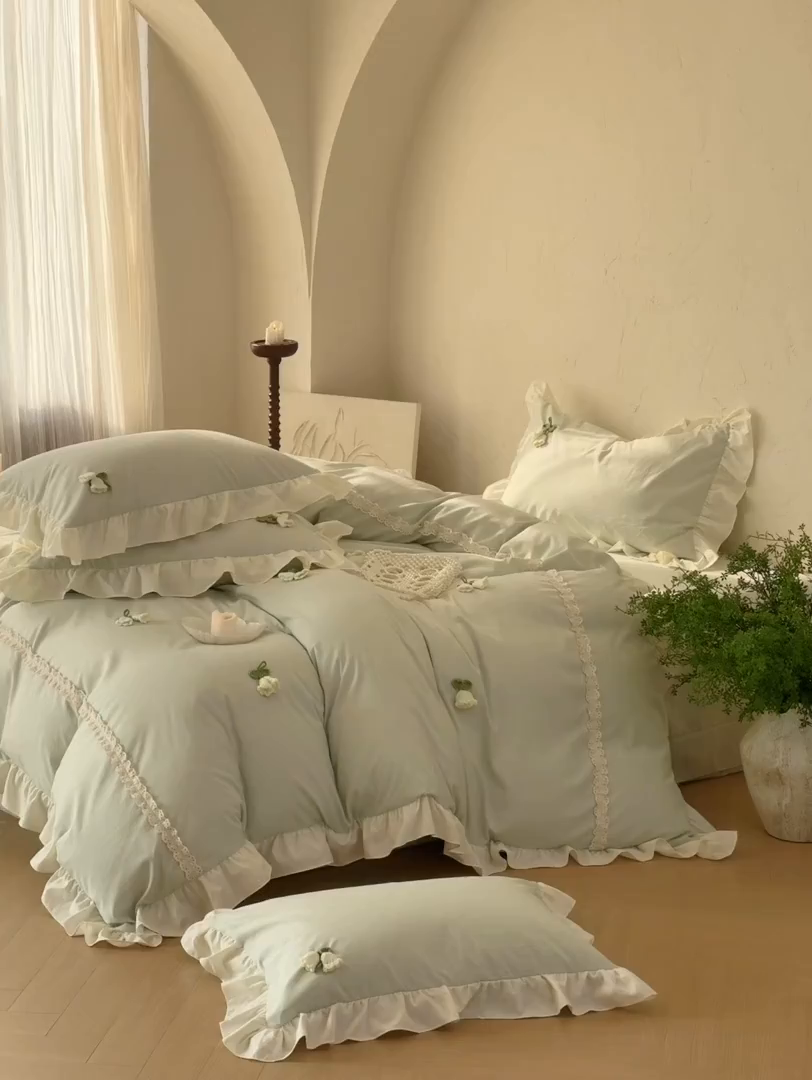 91家纺网 家纺一手货源 找家纺 庭笙 2026新款古法水洗棉感法式立体花韩版花边四件套-铃兰妙语 铃兰妙语-绿