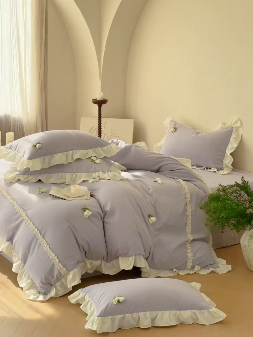 91家纺网 家纺一手货源 找家纺 庭笙 2026新款古法水洗棉感法式立体花韩版花边四件套-铃兰妙语 铃兰妙语-紫